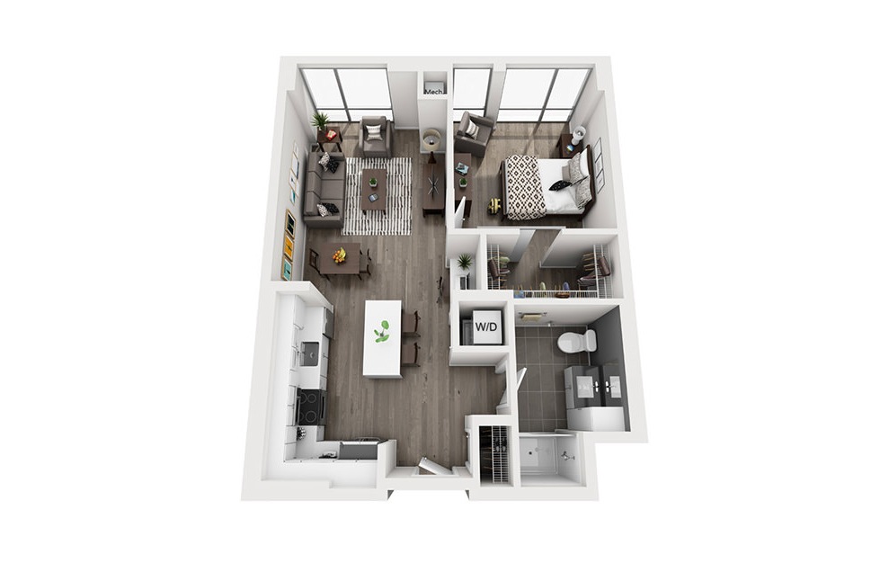 INK 1 1B - 1 bedroom floorplan layout with 1 bath and 715 square feet. (3D)