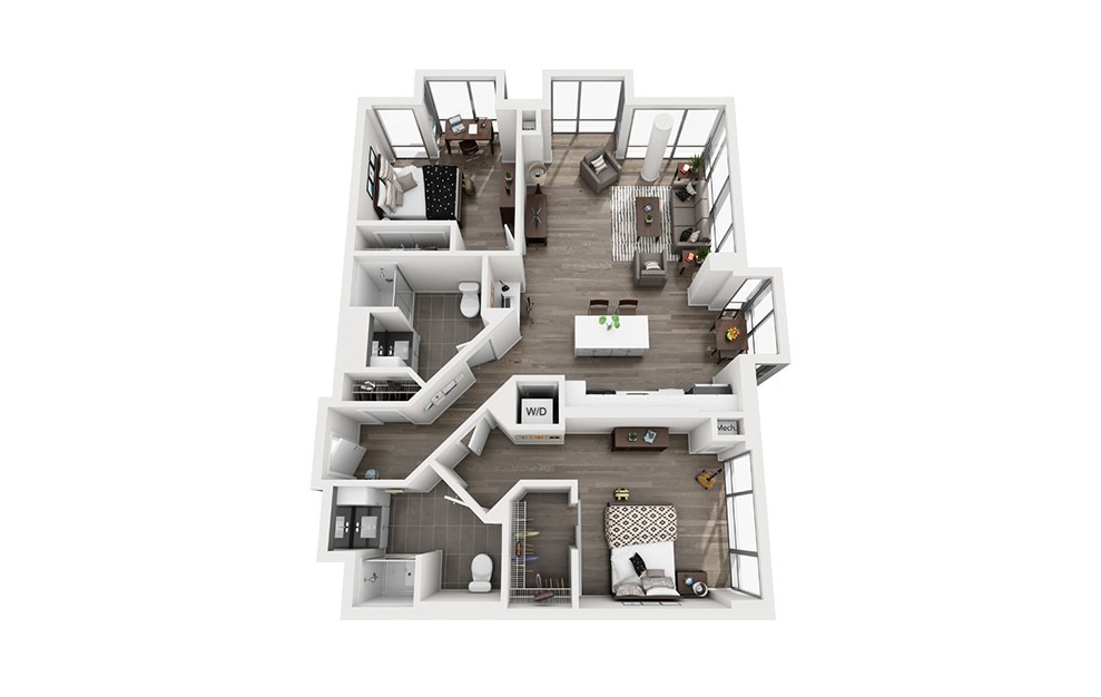 INK 1 2A - 2 bedroom floorplan layout with 2 baths and 1107 square feet. (3D)