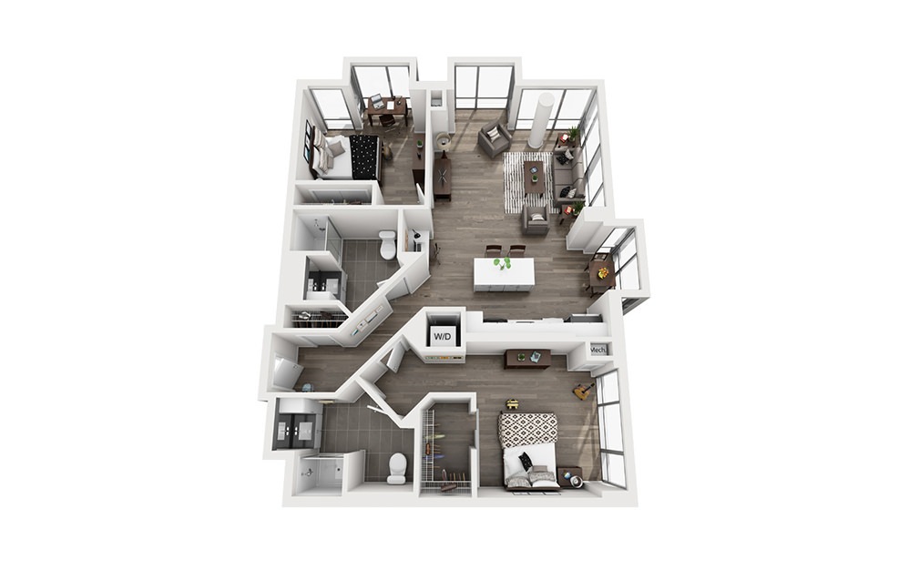 INK 1 2A - 2 bedroom floorplan layout with 2 bathrooms and 1107 square feet (3D)