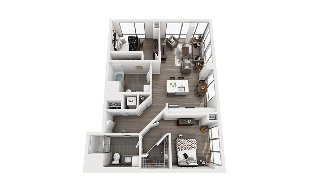 INK 1 2B - 2 bedroom floorplan layout with 2 bathrooms and 1013 square feet (3D)