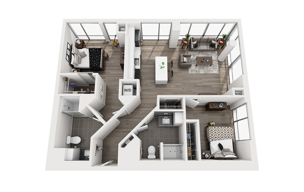 INK 1 2D - 2 bedroom floorplan layout with 2 baths and 1094 square feet. (3D)
