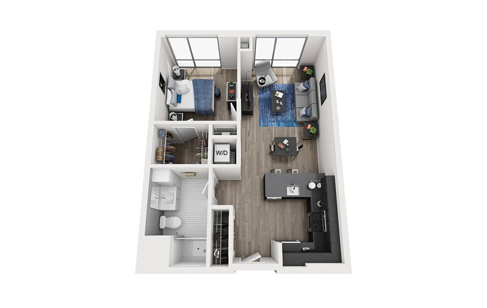 INK 2 1F - 1 bedroom floorplan layout with 1 bath and 687 square feet. (3D)