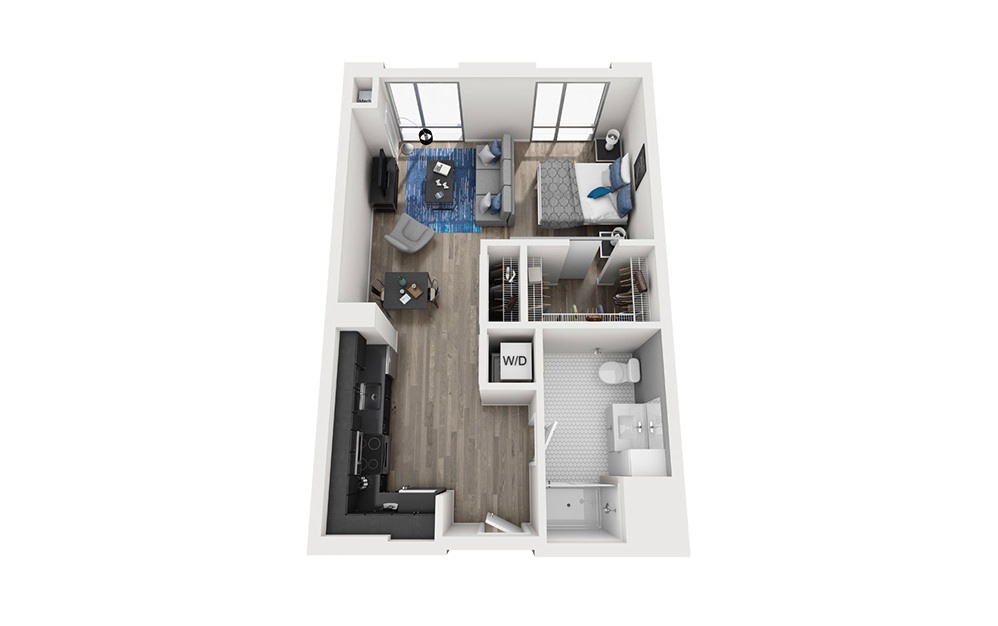 INK 2 STA - Studio floorplan layout with 1 bathroom and 589 square feet (3D)