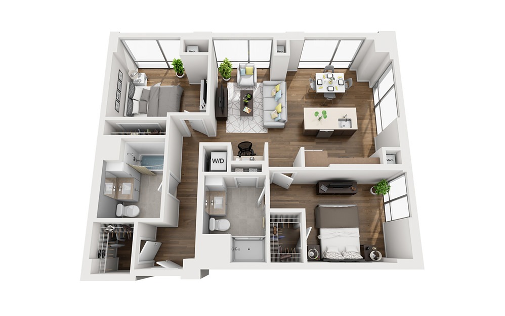 INK 3 2A - 2 bedroom floorplan layout with 2 bathrooms and 1056 square feet (3D)