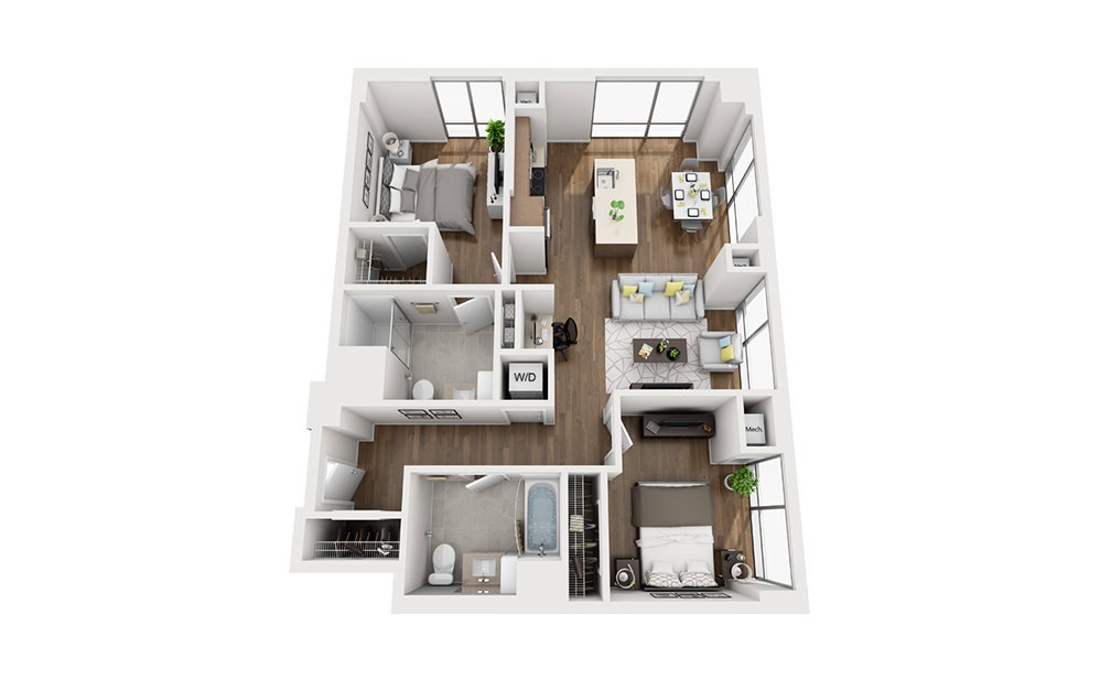 INK 3 2C - 2 bedroom floorplan layout with 2 bathrooms and 1063 square feet (3D)