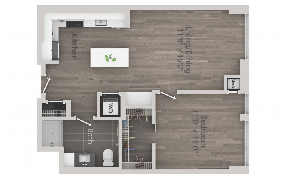 INK 1 1B - 1 bedroom floorplan layout with 1 bath and 715 square feet. (2D)