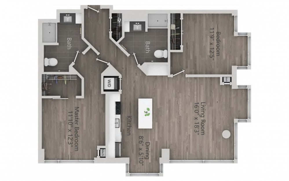 INK 1 2A - 2 bedroom floorplan layout with 2 baths and 1107 square feet. (2D)