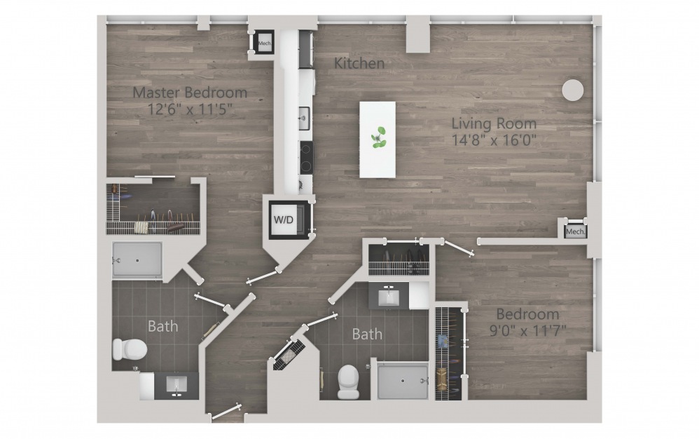 INK 1 2D - 2 bedroom floorplan layout with 2 baths and 1094 square feet. (2D)