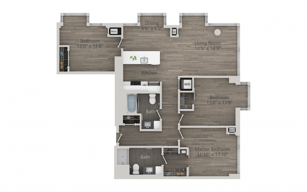 INK 1 3A - 3 bedroom floorplan layout with 2 baths and 1317 square feet. (2D)
