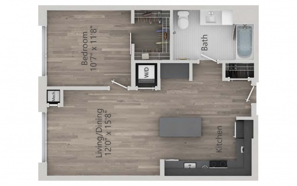 INK 2 1A - 1 bedroom floorplan layout with 1 bath and 716 square feet. (2D)