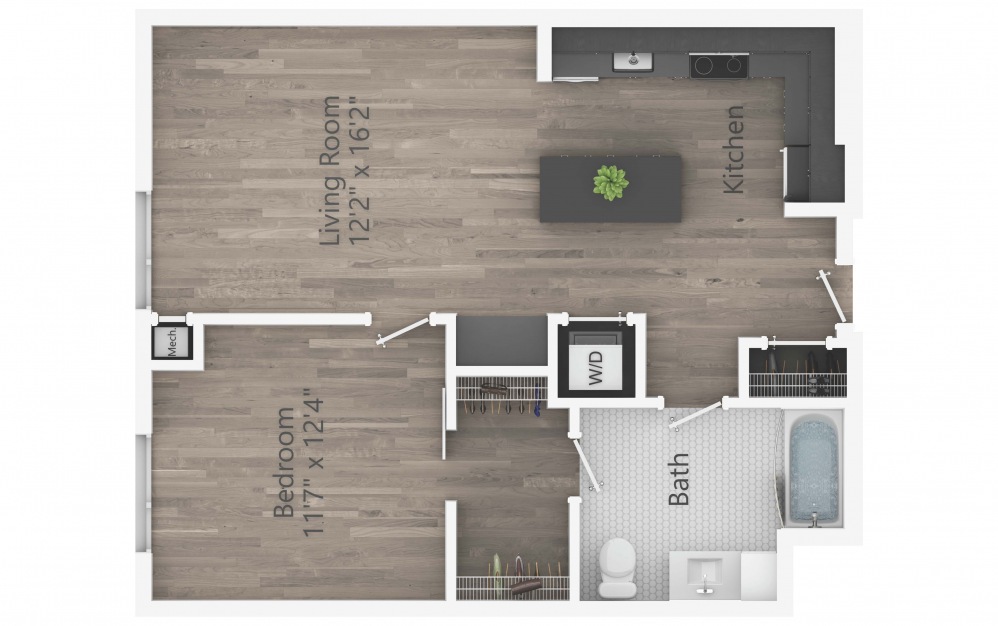 INK 2 1D - 1 bedroom floorplan layout with 1 bath and 744 square feet. (2D)