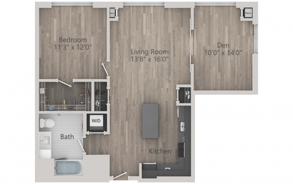 INK 2 1E - 1 bedroom floorplan layout with 1 bath and 964 square feet. (2D)