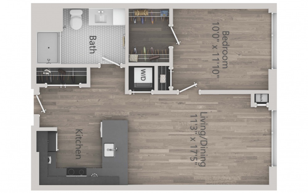 INK 2 1F - 1 bedroom floorplan layout with 1 bath and 687 square feet. (2D)