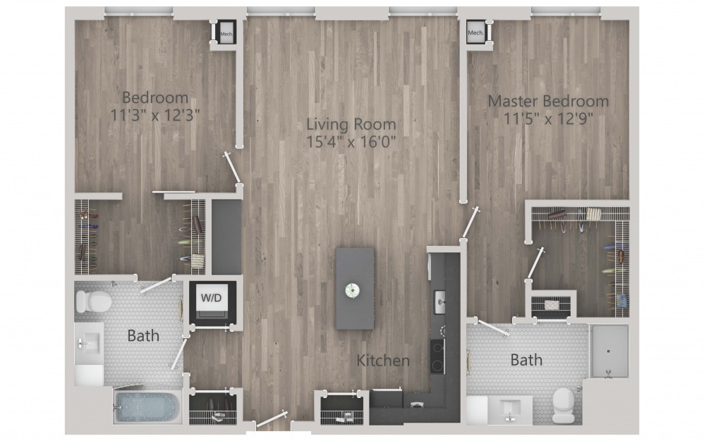 INK 2 2A - 2 bedroom floorplan layout with 2 baths and 1182 square feet. (2D)