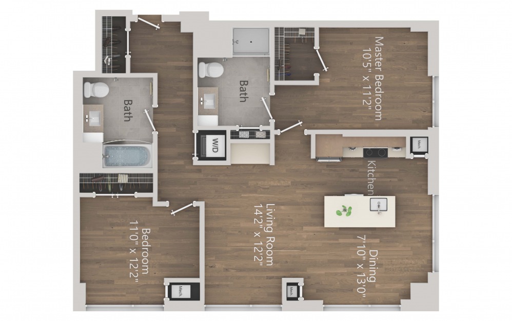 INK 3 2C - 2 bedroom floorplan layout with 2 baths and 1063 square feet. (2D)